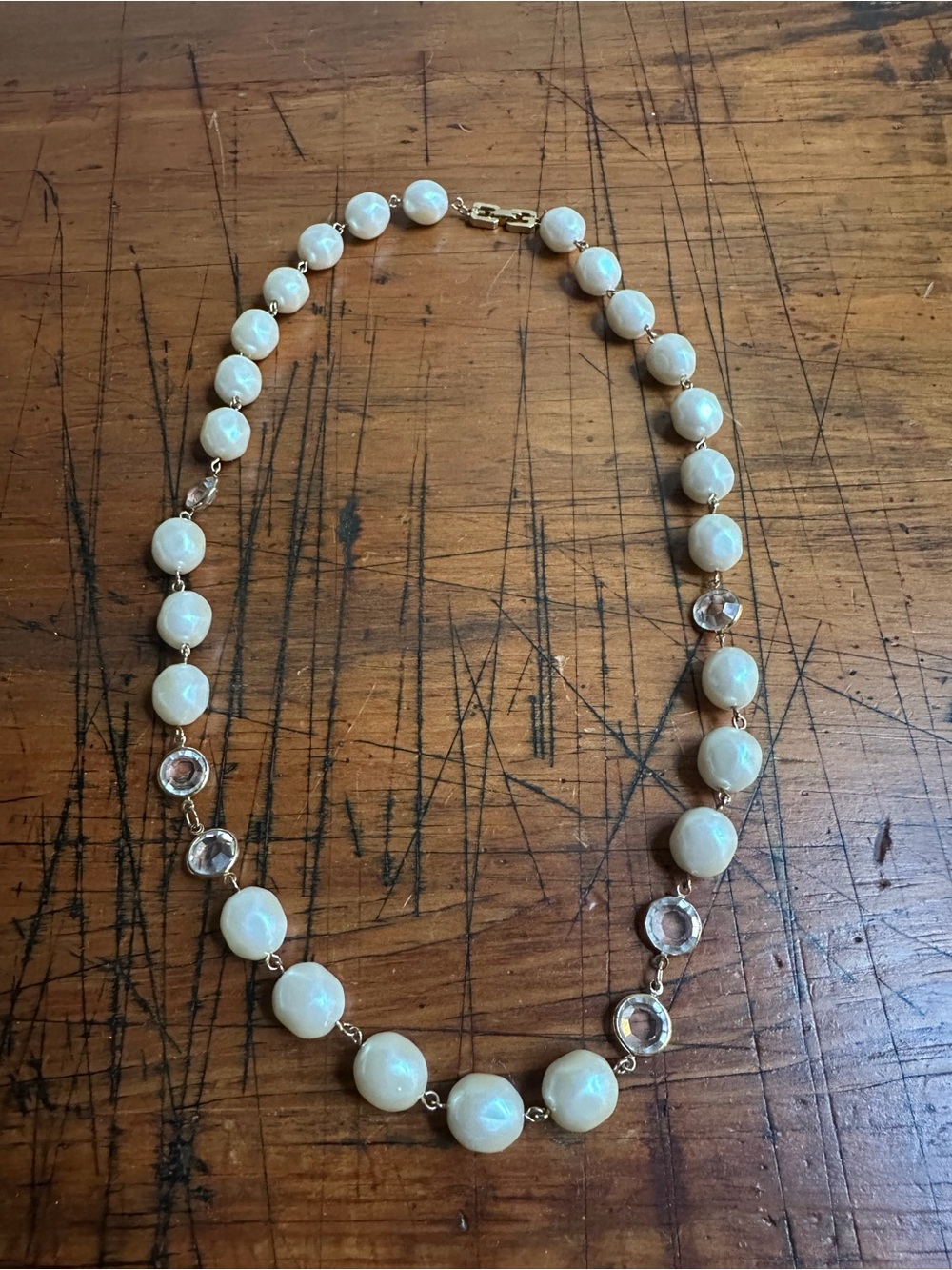 Vintage Signed Givenchy + Swarovski Open Bezel Crystal Baroque Pearl Necklace